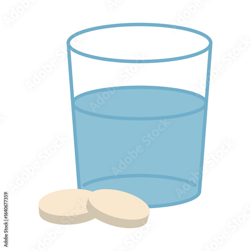 A glass of water and effervescent tablets isolated on white background. Cute flat style