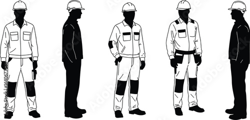 Construction workers, safety gear, industrial uniform, hard hats, protective clothing, side view, front view, vector art, CAD drawing, flat illustration