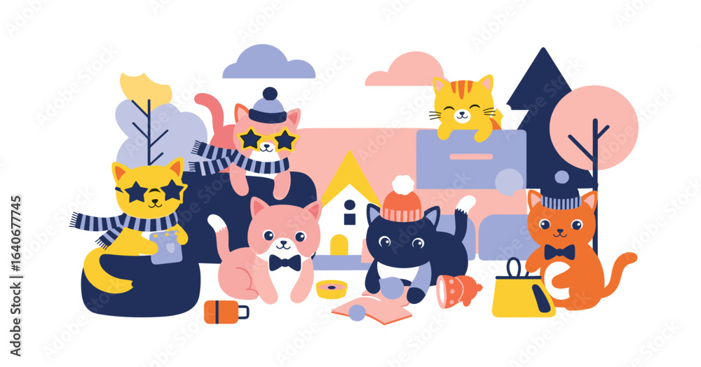Obraz premium A whimsical illustration of cute cats enjoying a cozy winter party outdoors. Feline friends in hats and scarves gathering for a fun seasonal celebration.