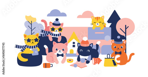 A whimsical illustration of cute cats enjoying a cozy winter party outdoors. Feline friends in hats and scarves gathering for a fun seasonal celebration.