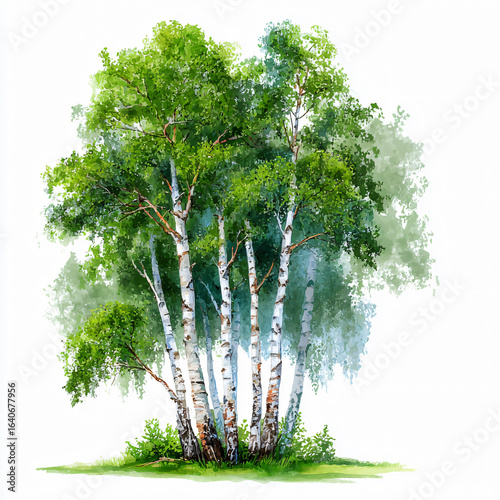 Birch Tree Green Leaves Wood Forest Landscape Bark Foliage Spring Vibrant Branches Scenic Outdoor Flora Summer Beautiful Sunlight Wilderness Growth Wildlife Pure Serene Meticulous Drawing Illustration