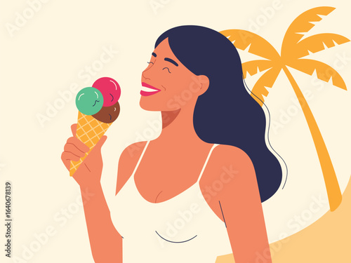 A flat vector illustration of a happy woman enjoying a delicious ice cream cone on a tropical beach during her summer vacation.