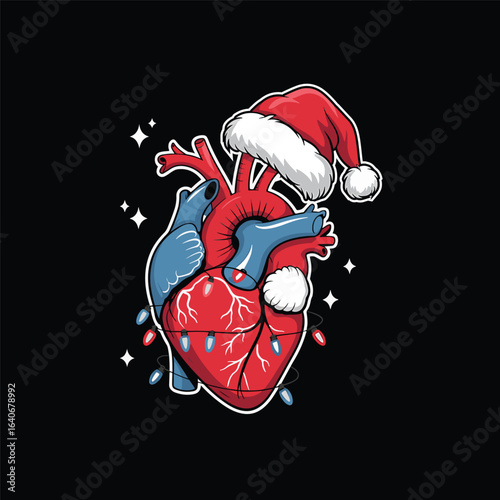 - Anatomical heart wearing a Santa hat with festive surreal concept and bold holiday theme vector illustration design