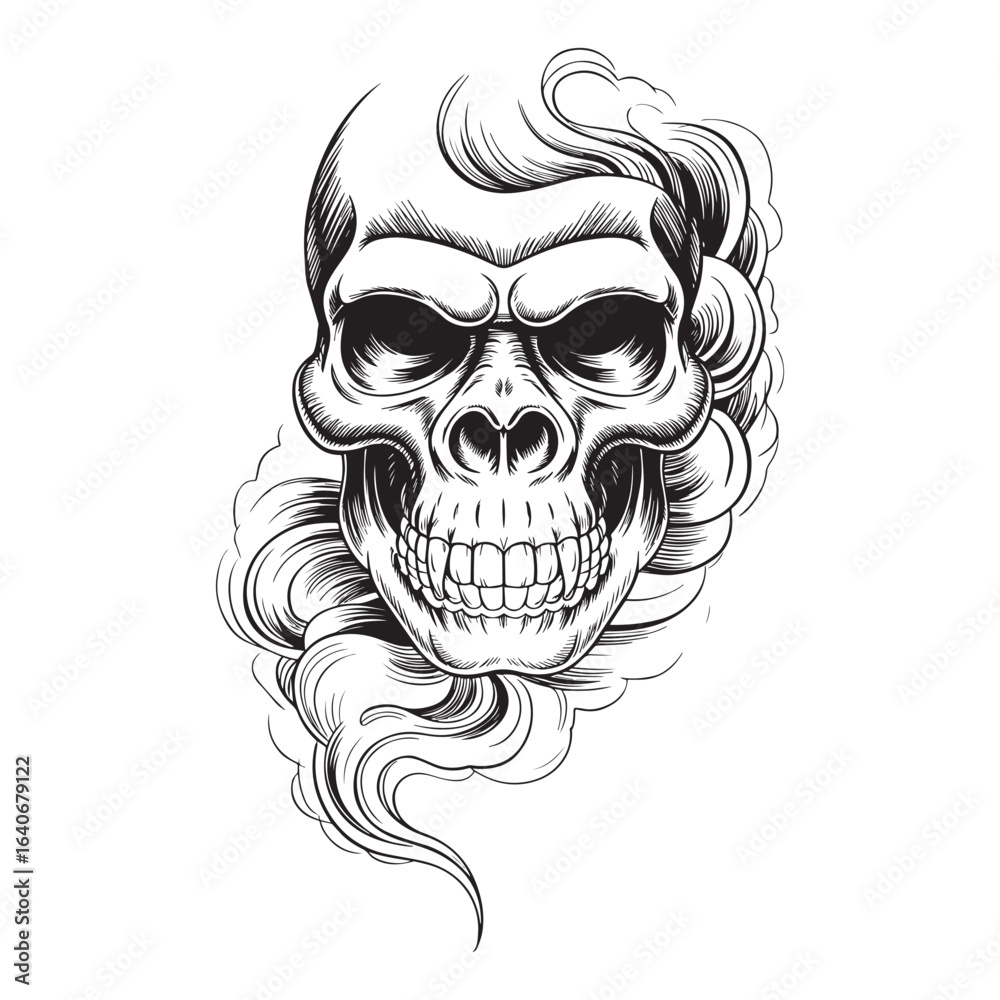 Fototapeta premium Detailed evil skull with smoke horror tattoo style monochrome gothic art for edgy apparel vector illustration design 