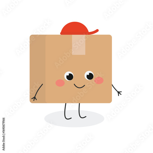Funny cartoon delivery cardboard box in red cap