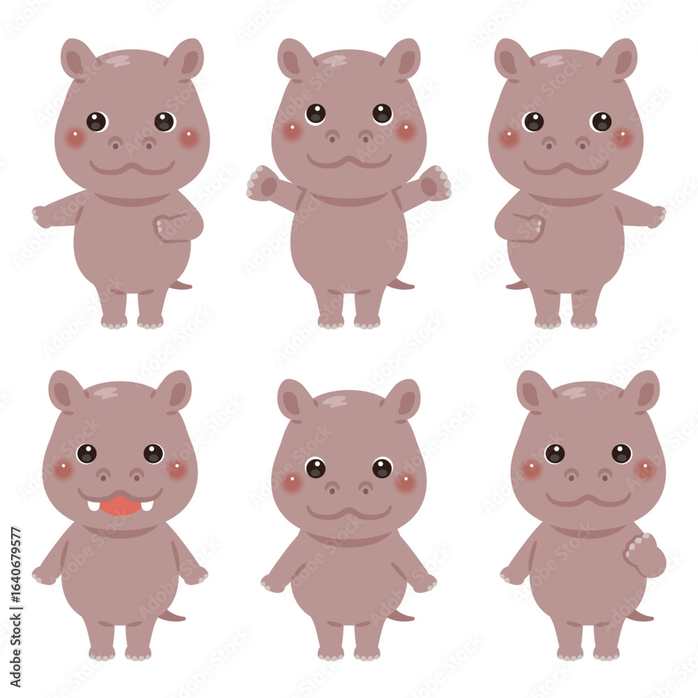 Fototapeta premium 指さしをするカバのキャラクターイラストセット