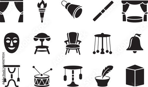 Collection of vintage theatrical and artistic icons representing performance and creativity