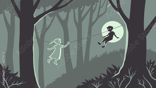 Two children one a silhouette on a zipline and the other a glowing outline on a rope play in a mystical shadowy forest at twilight