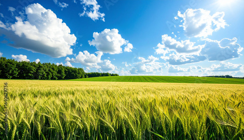 a picturesque rural landscape with a field of tall, golden crops under a clear blue sky.