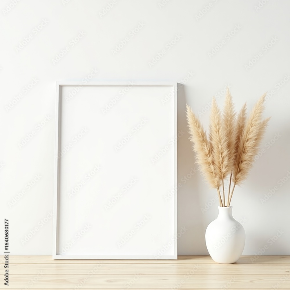 Naklejka premium Frame mockup a white frame next to a vase with pampas grass against a white wall on a wooden surface indoors