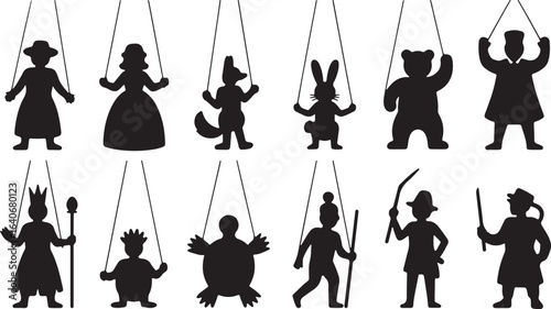 Collection of diverse silhouette puppets suspended by strings against a white background
