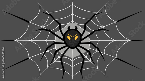 A menacing black spider with glowing yellow eyes sits in the center of a white spiderweb against a dark gray background