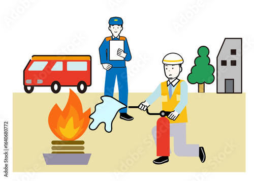 消防訓練、火災訓練、避難訓練、防災訓練、消火訓練で消火器を使う練習をする人とそれを見守る消防士のイメージのイラスト