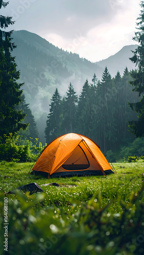 Orange tent in a misty mountain forest