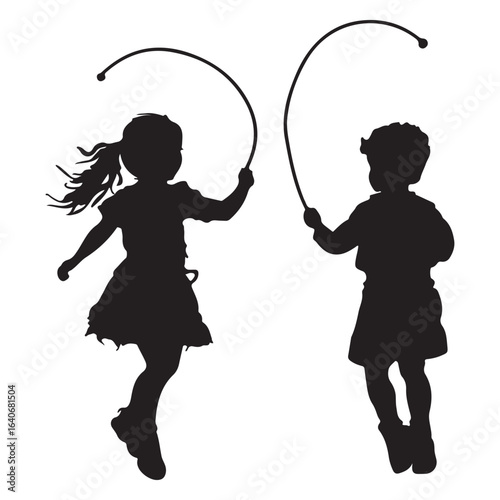silhouette of little boy and girl holding rope and jumping
