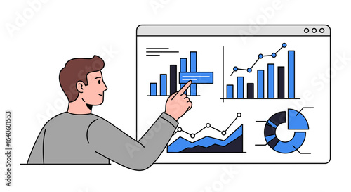 Man analyzing data on a screen with charts and graphs using interactive touch