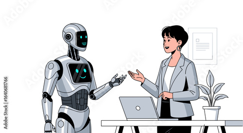 Robot and woman in office setting with laptop and plant having a conversation