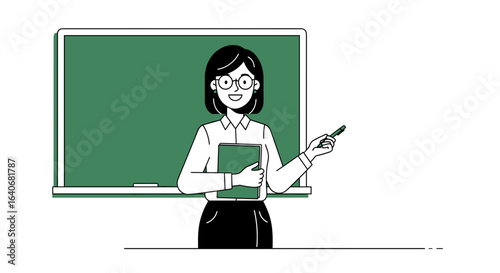 Illustration of a teacher with glasses holding a book and pointing at board