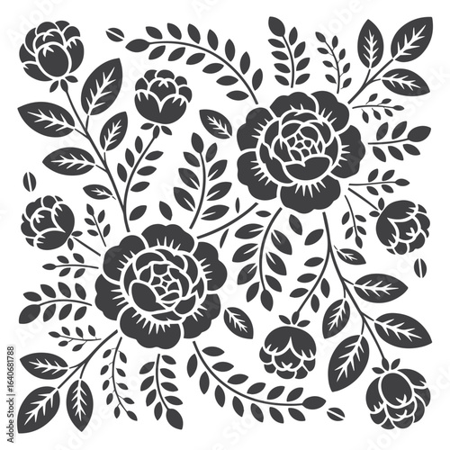 Black and white floral pattern with blooming flowers and leaves in traditional ornamental art vector illustration design