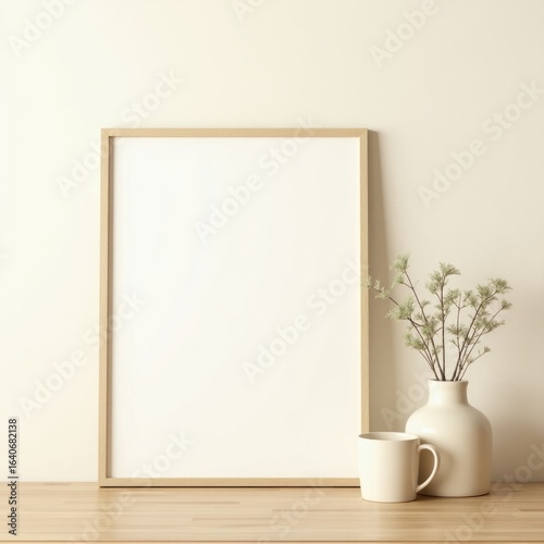 Frame mockup  a frame stands beside a vase with flowers and a mug on a wooden surface against a light wall