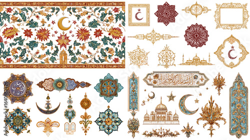 Islamic ornaments and mosque motifs with arabesque floral details in golden colors, ideal for Ramadan, Eid decorations, greeting cards, and cultural design projects.