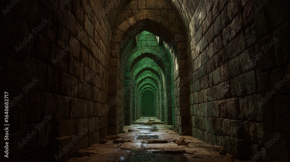 Obraz premium A long, arched passageway of stone.
