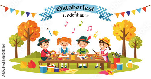 Happy children in traditional Bavarian costumes celebrate an Oktoberfest festival with arts and crafts outdoors.