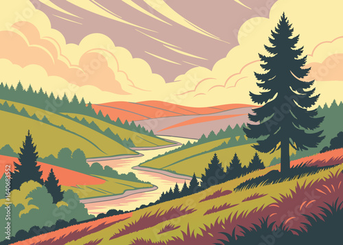 Serene river winds through rolling hills under a dramatic, cloud filled sky