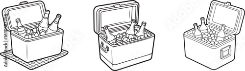Cooler box with wine bottles and ice line art icon set, summer picnic and camping equipment vector illustration.