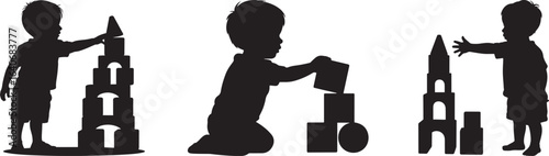Silhouette set of a child playing with building blocks, A toddler building a tower, childhood development concept