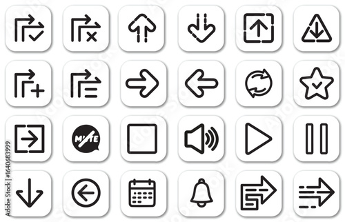Collection of hand drawn navigation and media player icons on white background