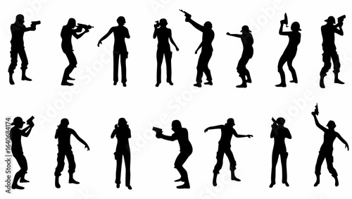 Silhouette illustrations of armed figures in various poses holding guns and aiming on a white background