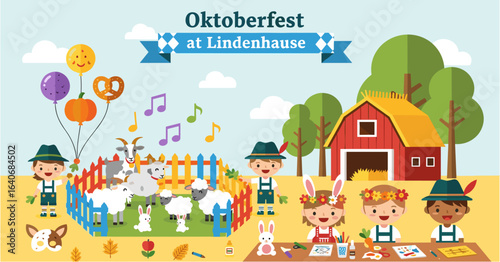 Joyful Autumn Harvest Festival Oktoberfest with Children in Traditional German Clothing at a Farm Petting Zoo