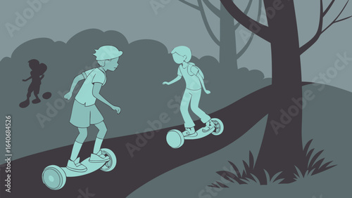 Two children enjoy a ride on hoverboards along a park path with a third child playing in the background