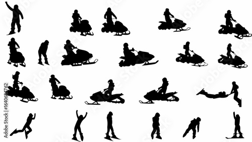 Silhouette illustration showcasing people snowmobiling and performing winter activities on a white background