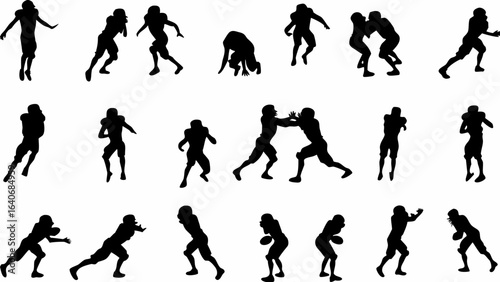 Silhouette collection of american football players in various action poses on a white background design vector