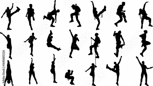 Silhouettes of people in various poses including climbing and acrobatic movements displayed on a white background