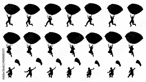 Silhouette illustrations showing people skydiving and parachuting in different poses and positions