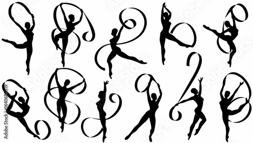 Silhouette illustrations of rhythmic gymnasts performing with ribbons in various dynamic poses artistic design