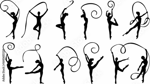 Silhouette illustrations of gymnasts performing rhythmic gymnastics with ribbon elements shown