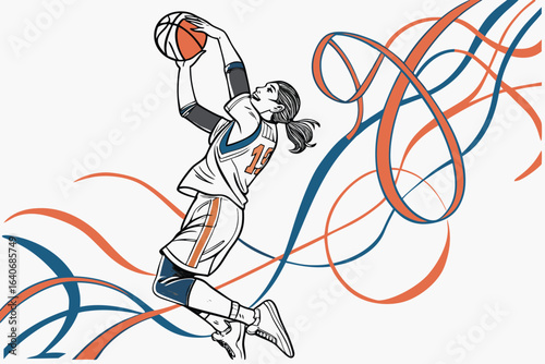 Dynamic Basketball Player Dunking with Abstract Swirls woman female