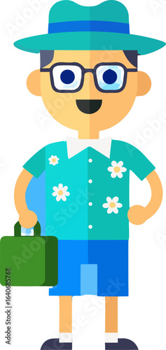 “Cheerful Cartoon Tourist Character with Suitcases in Hawaiian Shirt”