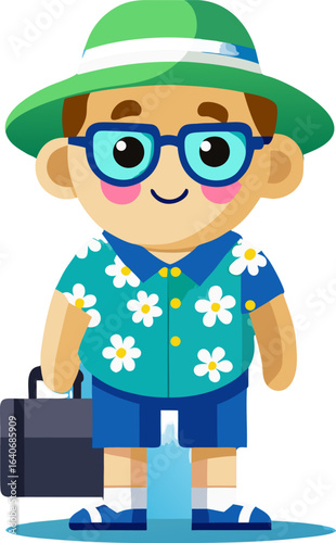 “Cheerful Cartoon Tourist Character with Suitcases in Hawaiian Shirt”