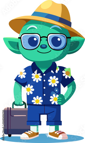 “Cheerful Cartoon Tourist Character with Suitcases in Hawaiian Shirt”