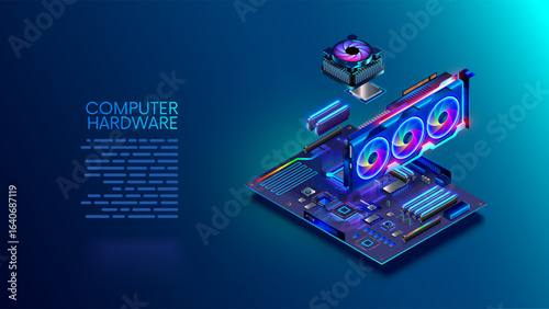 Computer parts hovered over the motherboard. Assembly, maintenance, repair of computer equipment. Composition of the motherboard, video card, processor, RAM, cooler, power supply. isometric concept.