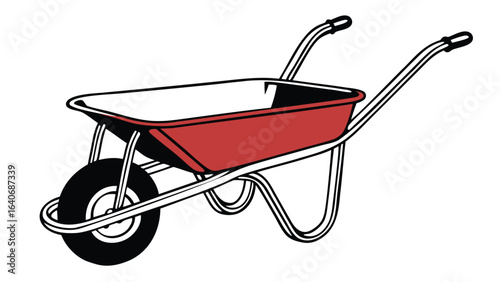 red wheelbarrow with a black tire and white frame on a white background scene