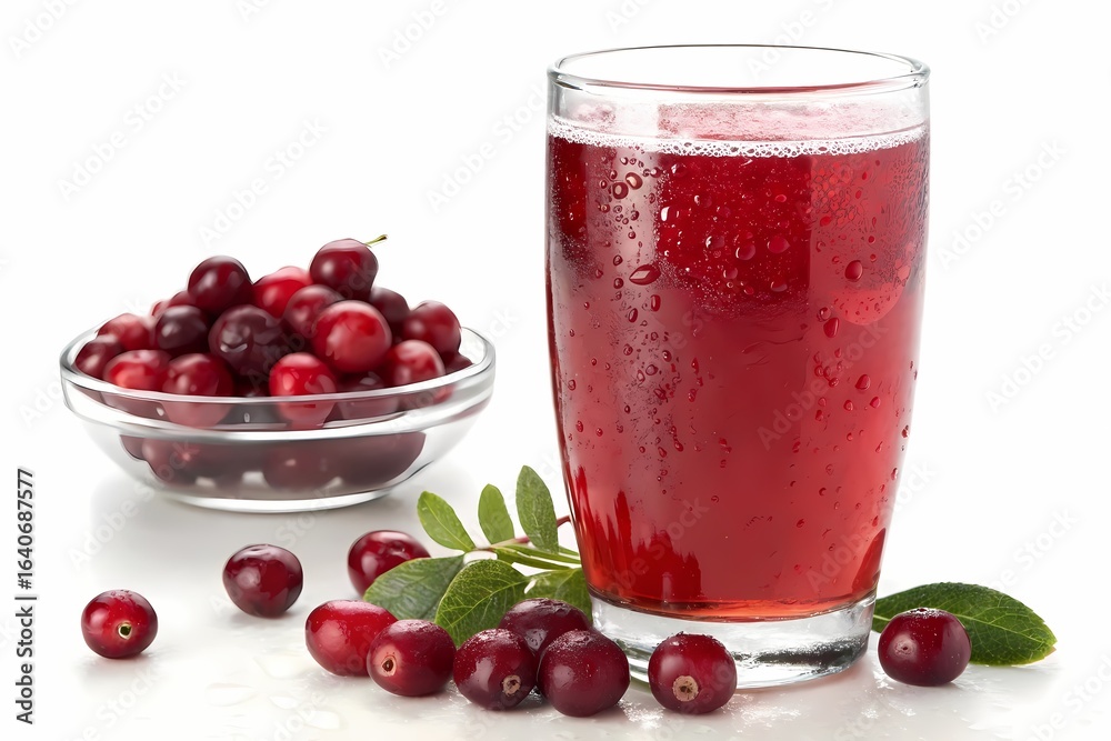 custom made wallpaper toronto digitalA glass of cranberry juice surrounded by fresh cranberries and green leaves on a light background.