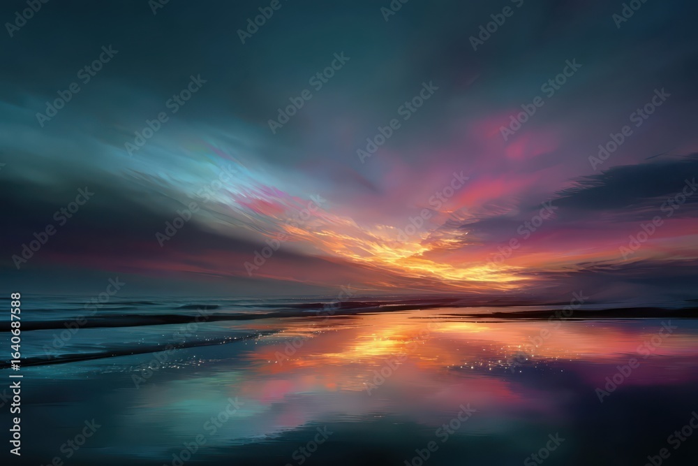 Fototapeta premium Dramatic sunset seascape with vibrant sky reflections, moody coastal ocean horizon, colorful twilight landscape background