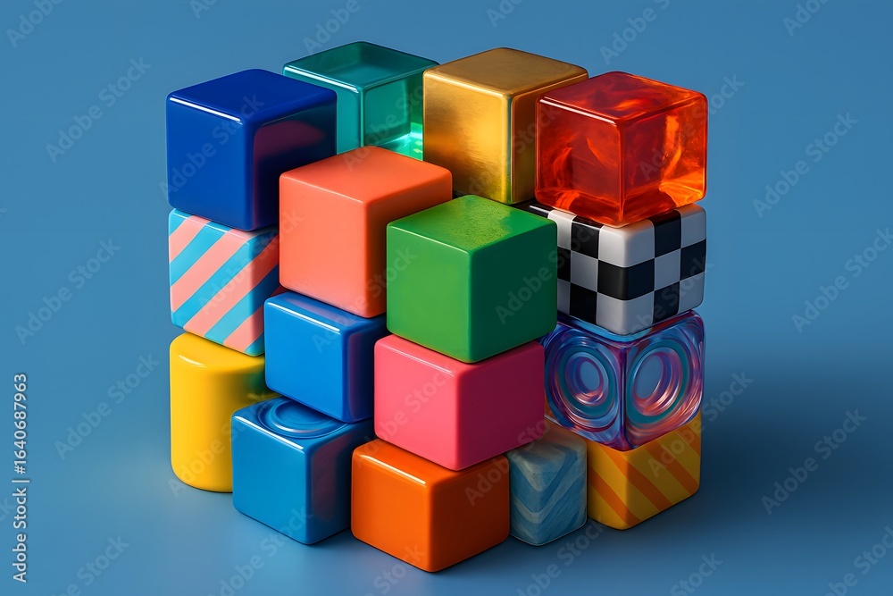 Obraz premium Vibrant Assorted Geometric Blocks on Blue Background