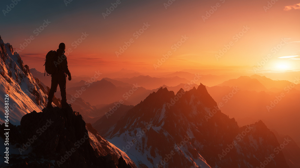 Fototapeta premium photo of a young man looking at a big beautiful mountain that he is going to climb, inspiring
